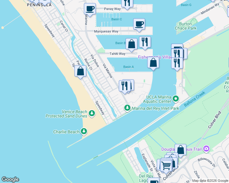map of restaurants, bars, coffee shops, grocery stores, and more near 143 Union Jack Mall in Marina del Rey