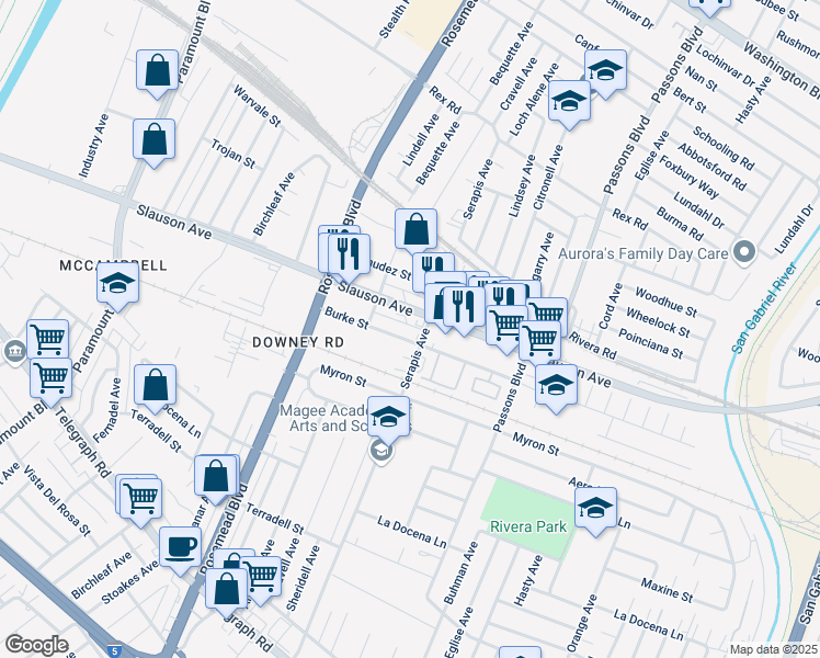 map of restaurants, bars, coffee shops, grocery stores, and more near 9141 Burke Street in Pico Rivera