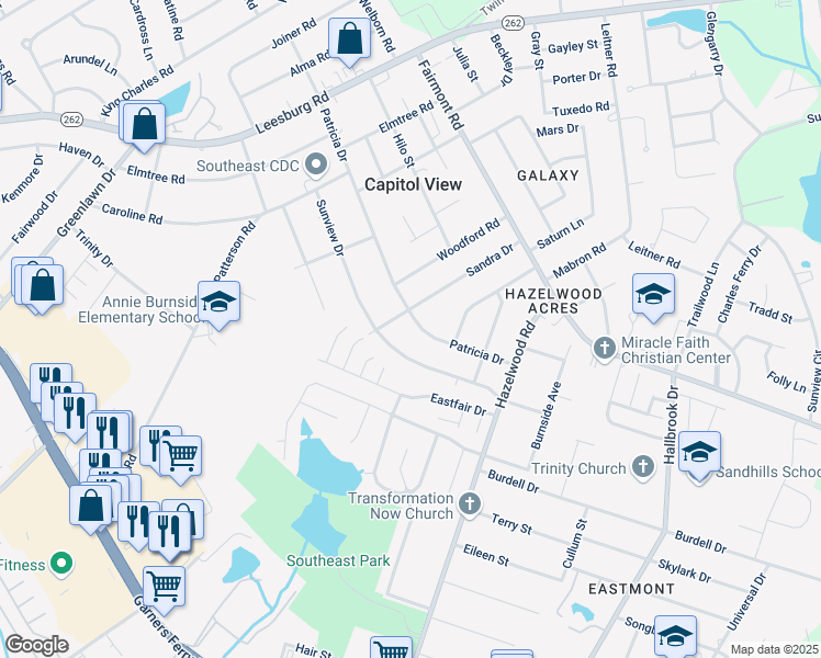 map of restaurants, bars, coffee shops, grocery stores, and more near 7419 Patricia Drive in Columbia