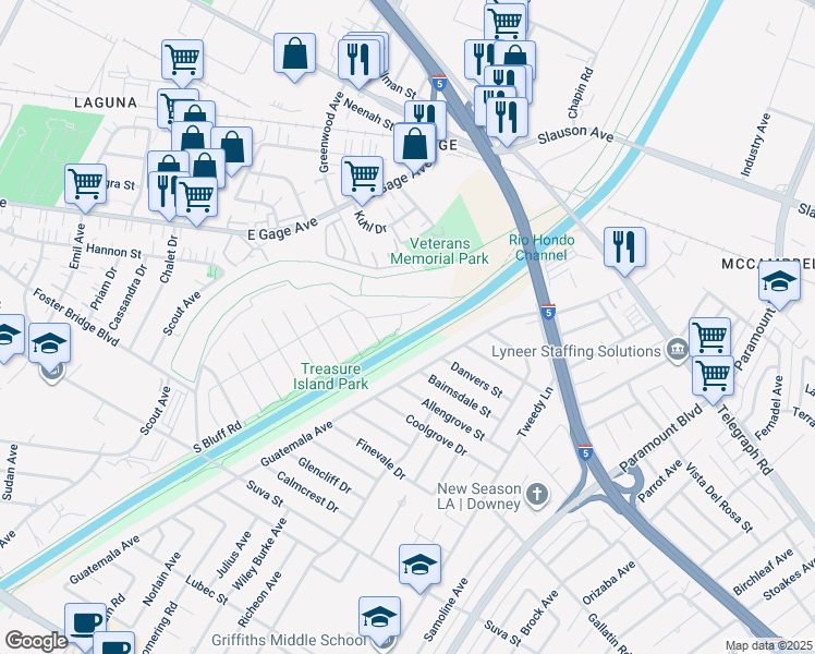 map of restaurants, bars, coffee shops, grocery stores, and more near 7315 South Bluff Road in Downey