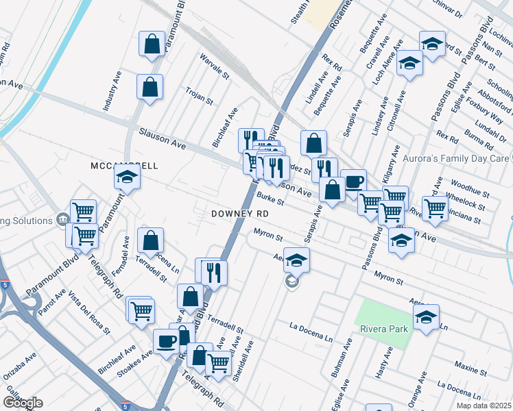 map of restaurants, bars, coffee shops, grocery stores, and more near 9010 Burke Street in Pico Rivera