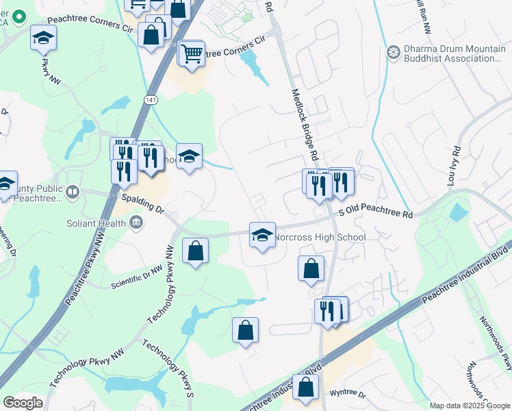 map of restaurants, bars, coffee shops, grocery stores, and more near 5300 Whitaker Street in Peachtree Corners