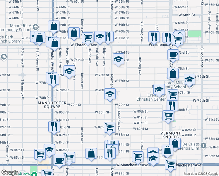 map of restaurants, bars, coffee shops, grocery stores, and more near 7731 Normandie Avenue in Los Angeles