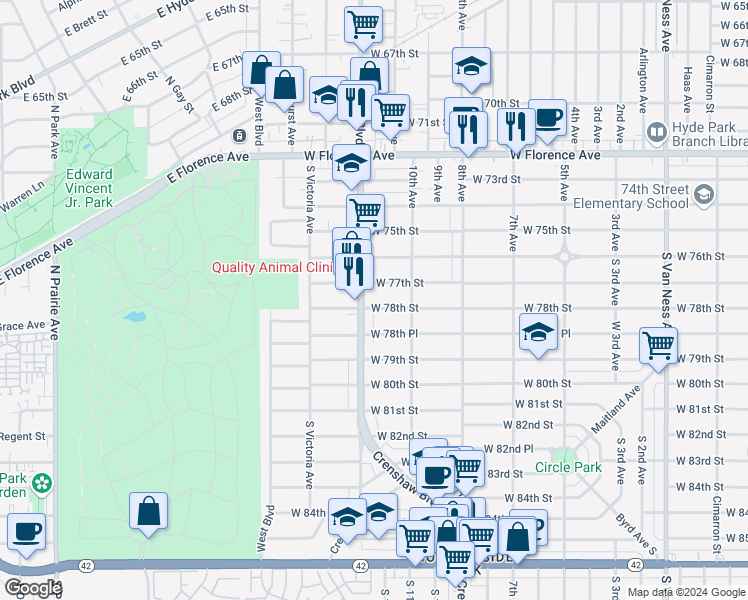 map of restaurants, bars, coffee shops, grocery stores, and more near 2 West 78th Street in Los Angeles