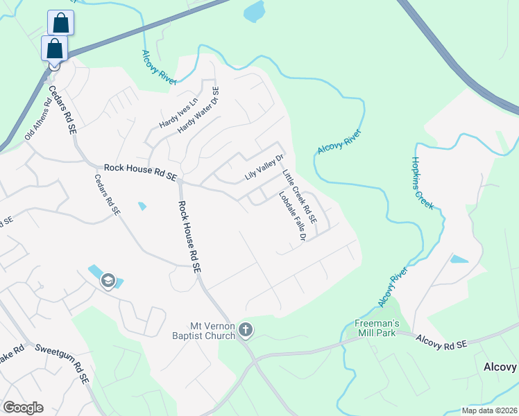 map of restaurants, bars, coffee shops, grocery stores, and more near 285 East Rock House Road in Lawrenceville