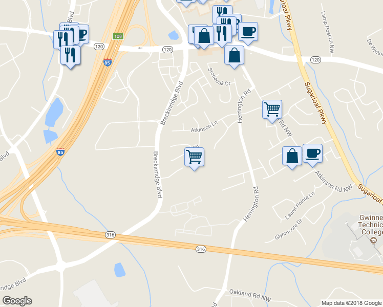 map of restaurants, bars, coffee shops, grocery stores, and more near 1697 Eric Circle in Lawrenceville