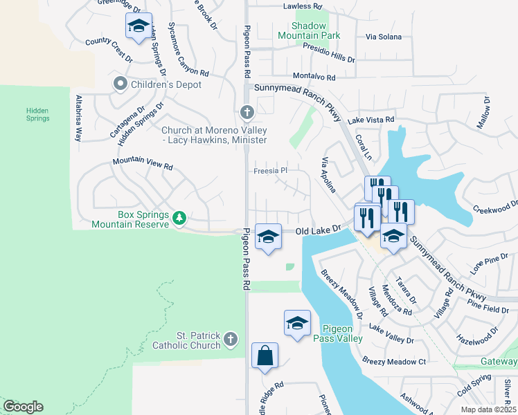 map of restaurants, bars, coffee shops, grocery stores, and more near 10426 Sparrow Court in Moreno Valley