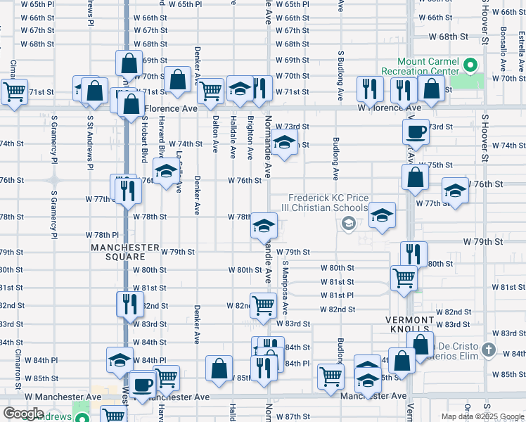 map of restaurants, bars, coffee shops, grocery stores, and more near 7731 Normandie Avenue in Los Angeles