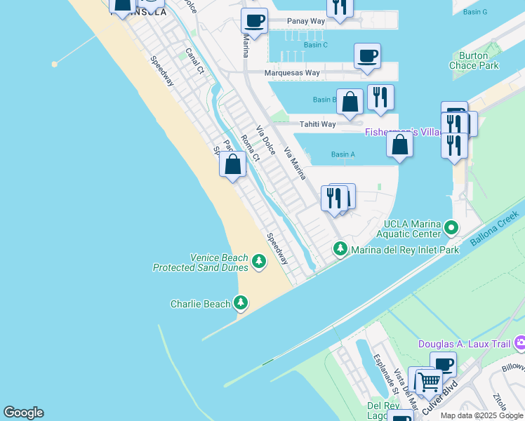 map of restaurants, bars, coffee shops, grocery stores, and more near 16 Spinnaker Street in Marina del Rey