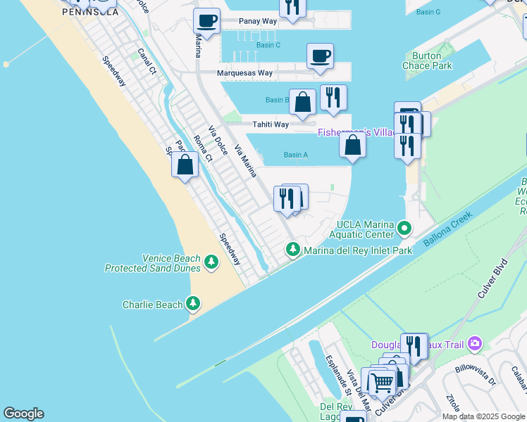 map of restaurants, bars, coffee shops, grocery stores, and more near 143 Union Jack Mall in Marina del Rey