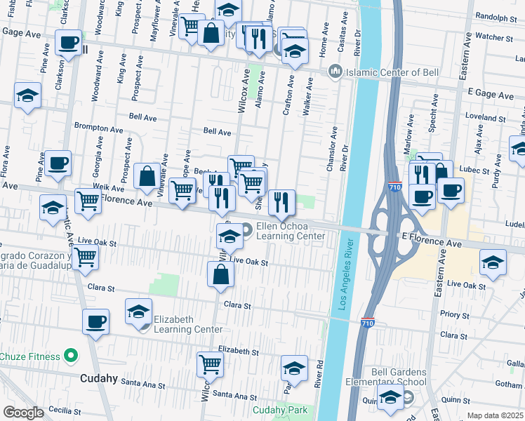 map of restaurants, bars, coffee shops, grocery stores, and more near 5101 East Florence Avenue in Bell