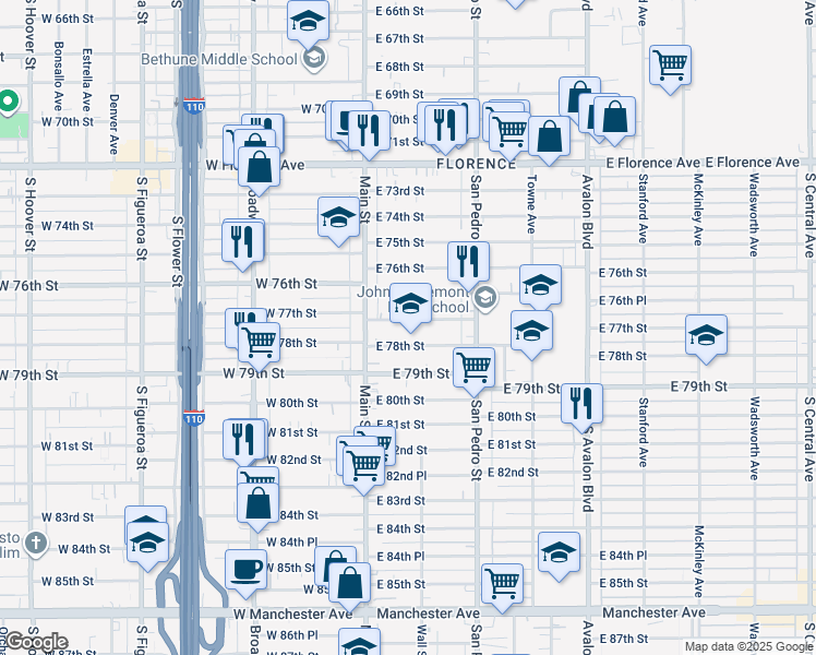 map of restaurants, bars, coffee shops, grocery stores, and more near 144 East 77th Street in Los Angeles