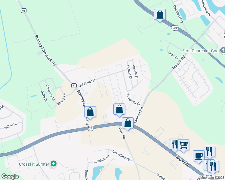 map of restaurants, bars, coffee shops, grocery stores, and more near 1774 Ruger Drive in Sumter