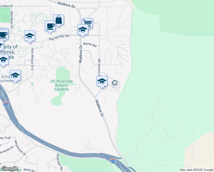 map of restaurants, bars, coffee shops, grocery stores, and more near 132 East Manfield Street in Riverside