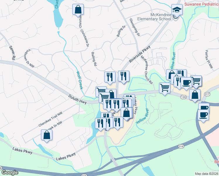 map of restaurants, bars, coffee shops, grocery stores, and more near in Gwinnett County