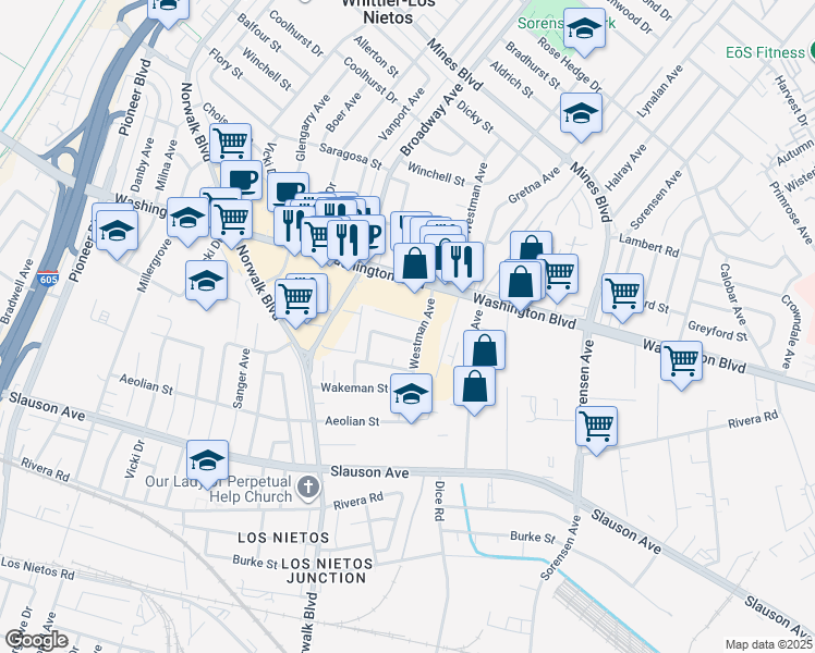 map of restaurants, bars, coffee shops, grocery stores, and more near 11652 Lochinvar Street in Whittier