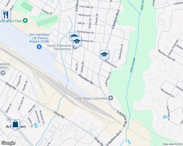 map of restaurants, bars, coffee shops, grocery stores, and more near 1507 Laburnum Drive in Columbia