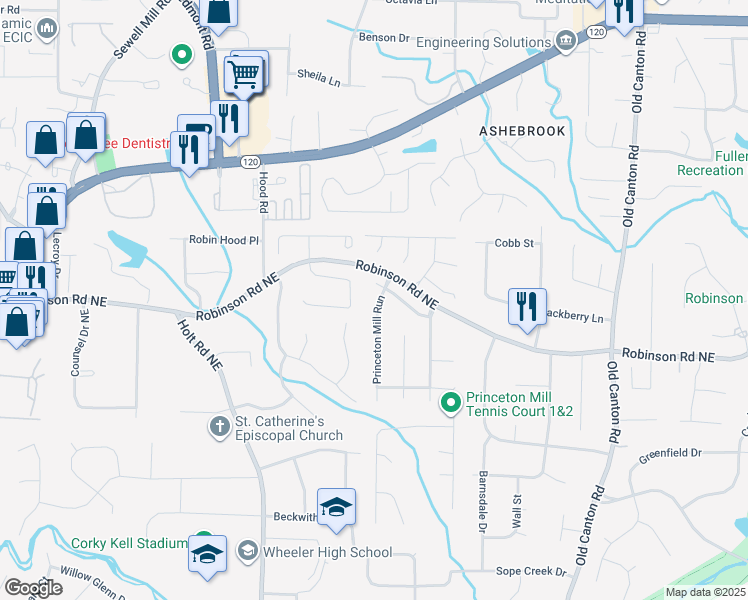 map of restaurants, bars, coffee shops, grocery stores, and more near 744 Princeton Mill Run in Marietta