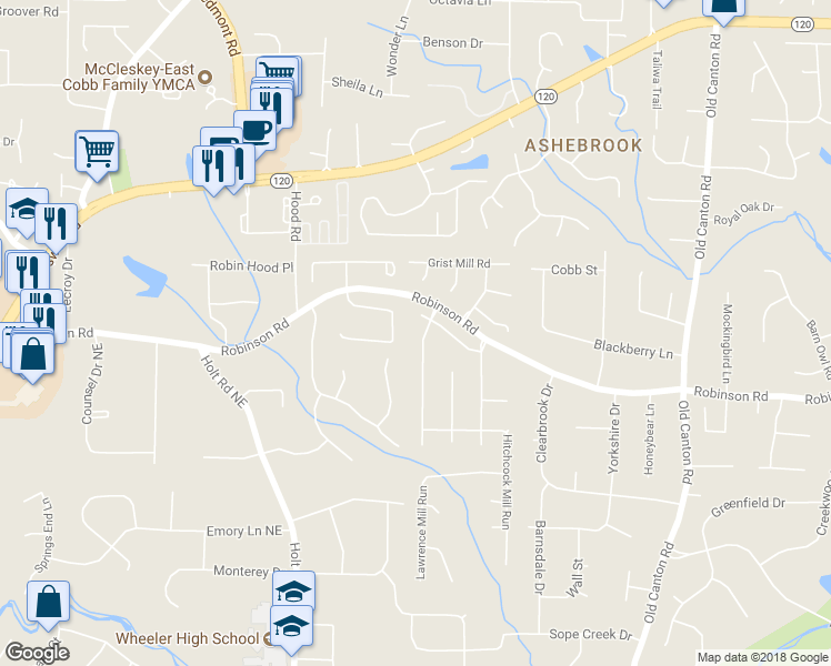 map of restaurants, bars, coffee shops, grocery stores, and more near 745 Princeton Mill Run in Marietta