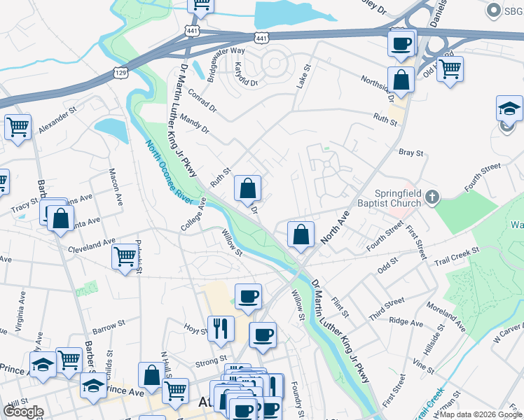 map of restaurants, bars, coffee shops, grocery stores, and more near 118 Ruth Drive in Athens