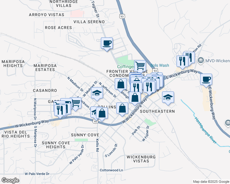 map of restaurants, bars, coffee shops, grocery stores, and more near 91 West Yavapai Street in Wickenburg