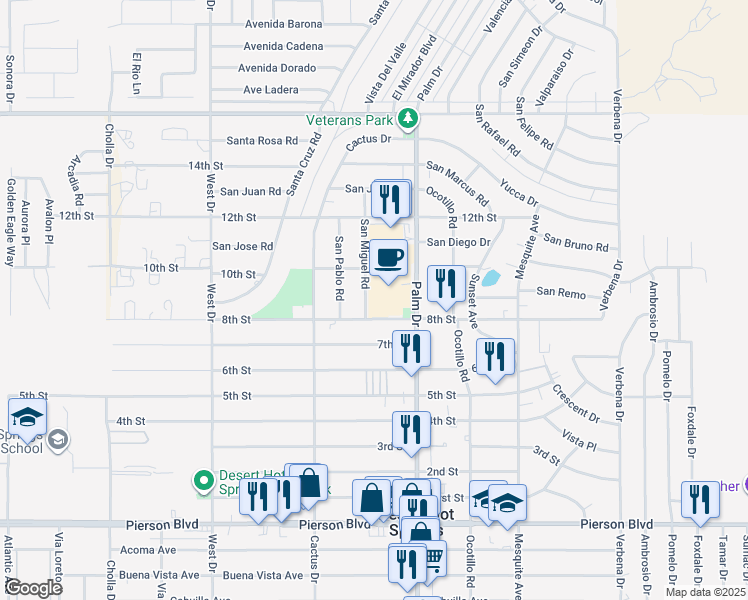 map of restaurants, bars, coffee shops, grocery stores, and more near 66375 8th Street in Desert Hot Springs