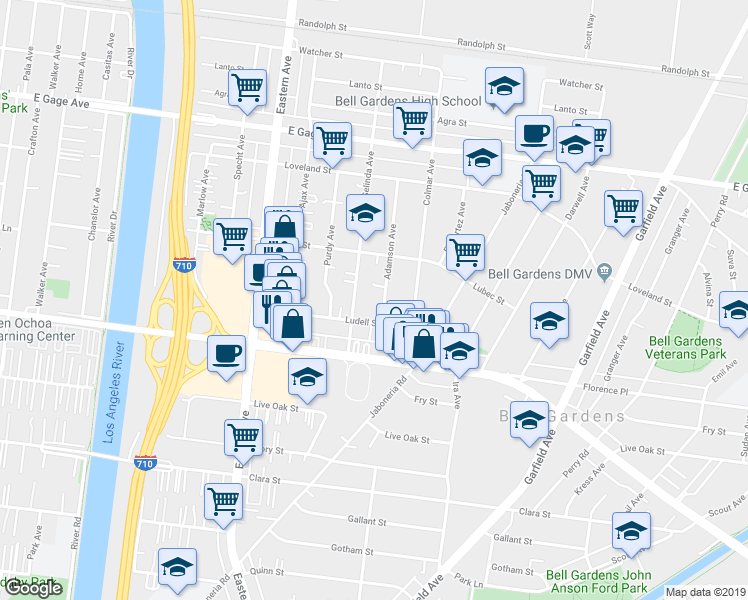 map of restaurants, bars, coffee shops, grocery stores, and more near 6933 Adamson Avenue in Bell Gardens