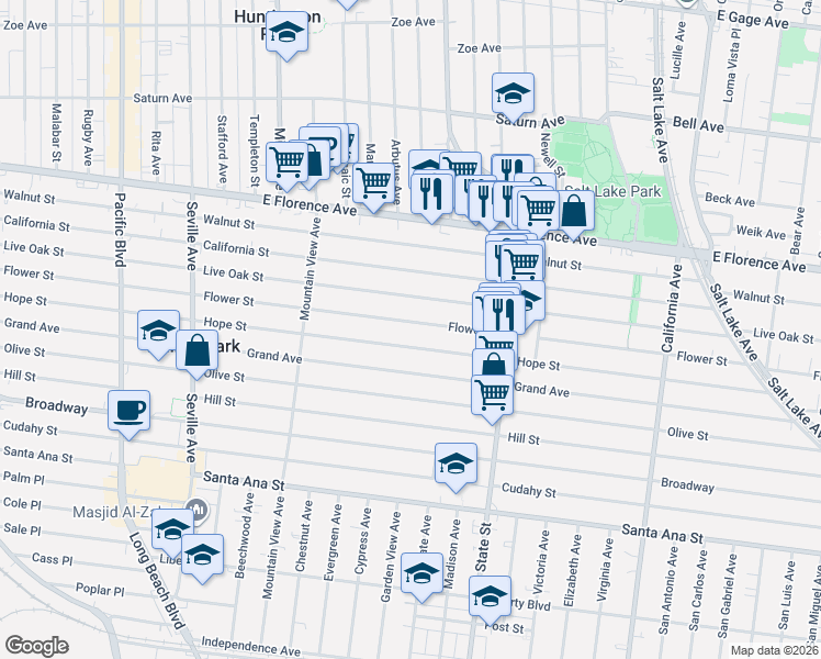 map of restaurants, bars, coffee shops, grocery stores, and more near 3103 Hope Street in Huntington Park