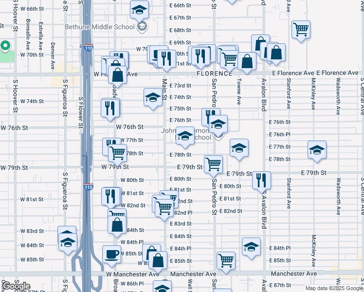map of restaurants, bars, coffee shops, grocery stores, and more near 157 East 78th Street in Los Angeles