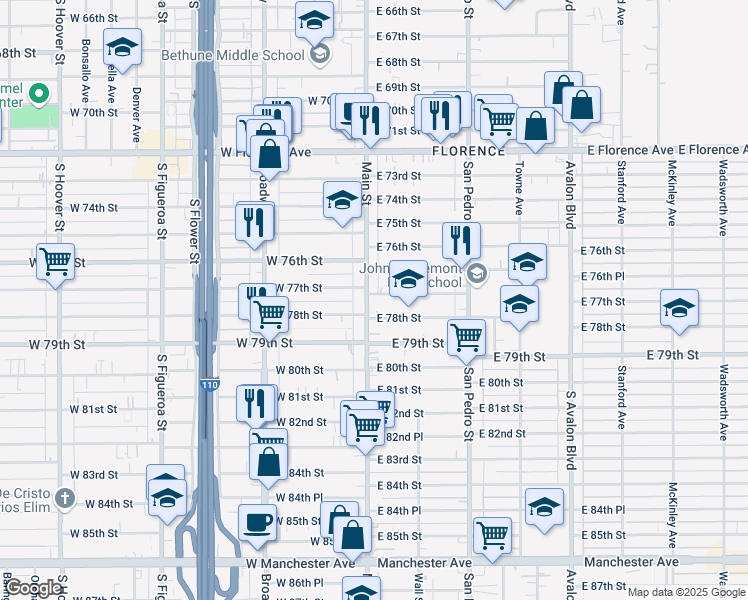 map of restaurants, bars, coffee shops, grocery stores, and more near 111 East 78th Street in Los Angeles