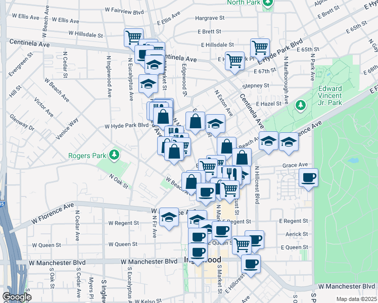 map of restaurants, bars, coffee shops, grocery stores, and more near 421 North Market Street in Inglewood
