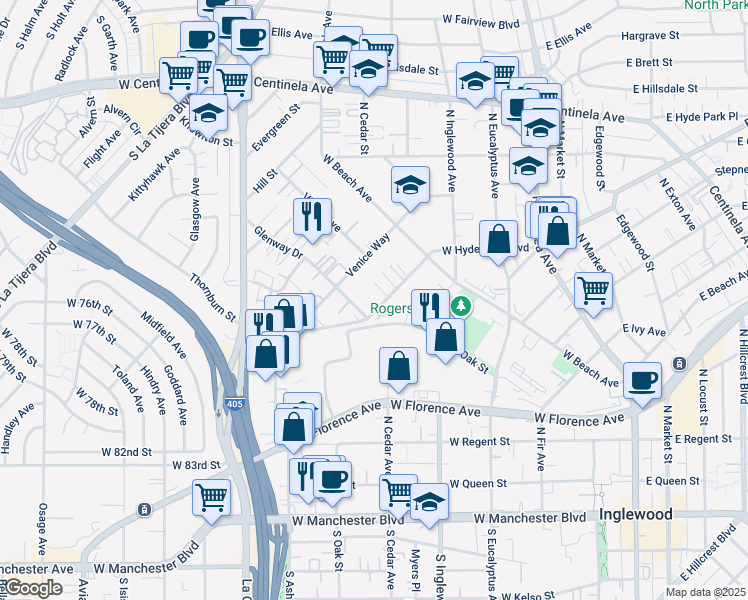 map of restaurants, bars, coffee shops, grocery stores, and more near 701 Glenway Drive in Inglewood