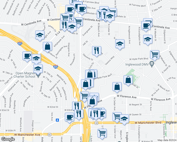 map of restaurants, bars, coffee shops, grocery stores, and more near 741 Venice Way in Inglewood
