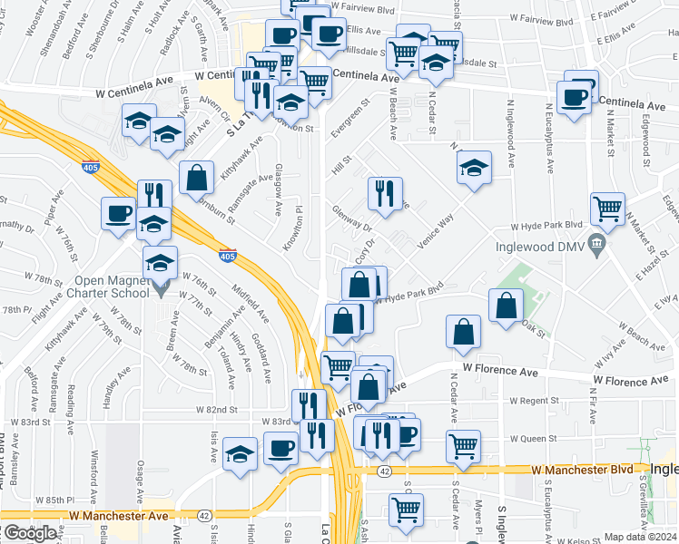 map of restaurants, bars, coffee shops, grocery stores, and more near in Los Angeles