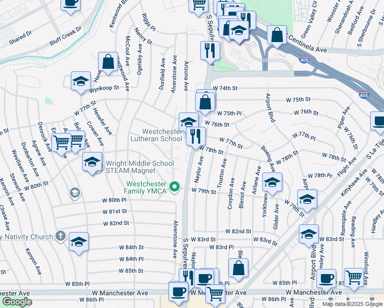 map of restaurants, bars, coffee shops, grocery stores, and more near 7827 Naylor Avenue in Los Angeles