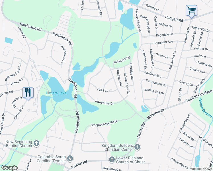 map of restaurants, bars, coffee shops, grocery stores, and more near 1 Old South Drive in Columbia