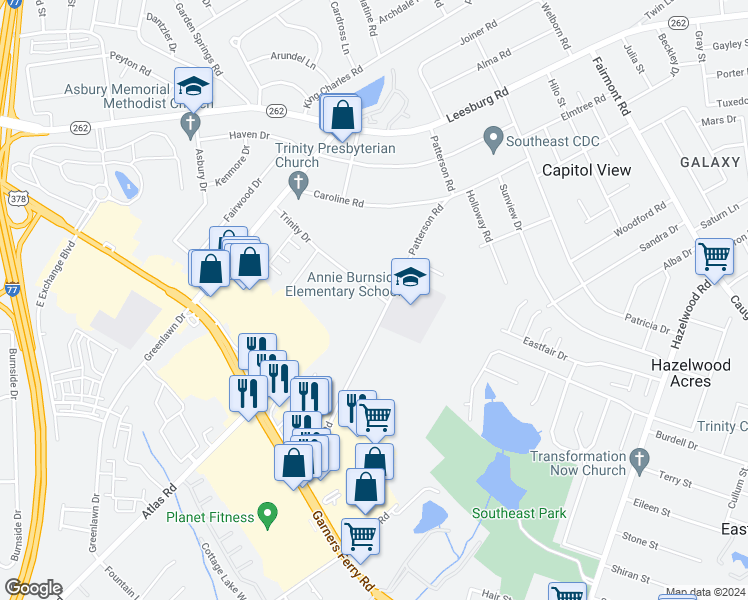 map of restaurants, bars, coffee shops, grocery stores, and more near 7301 Patterson Road in Columbia