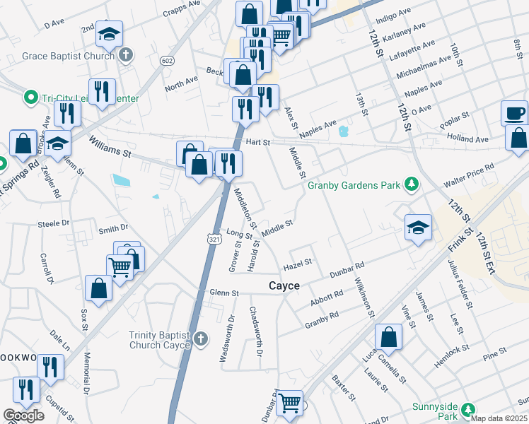map of restaurants, bars, coffee shops, grocery stores, and more near 1745 Middleton Street in Cayce