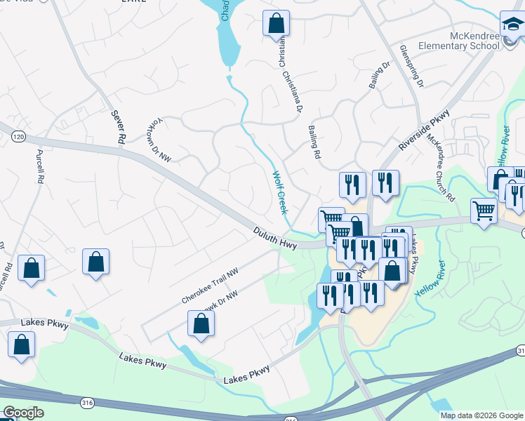 map of restaurants, bars, coffee shops, grocery stores, and more near 1176 Kings Arm Court in Lawrenceville