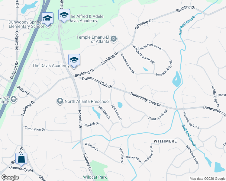 map of restaurants, bars, coffee shops, grocery stores, and more near 5720 Mill Trace Drive in Dunwoody