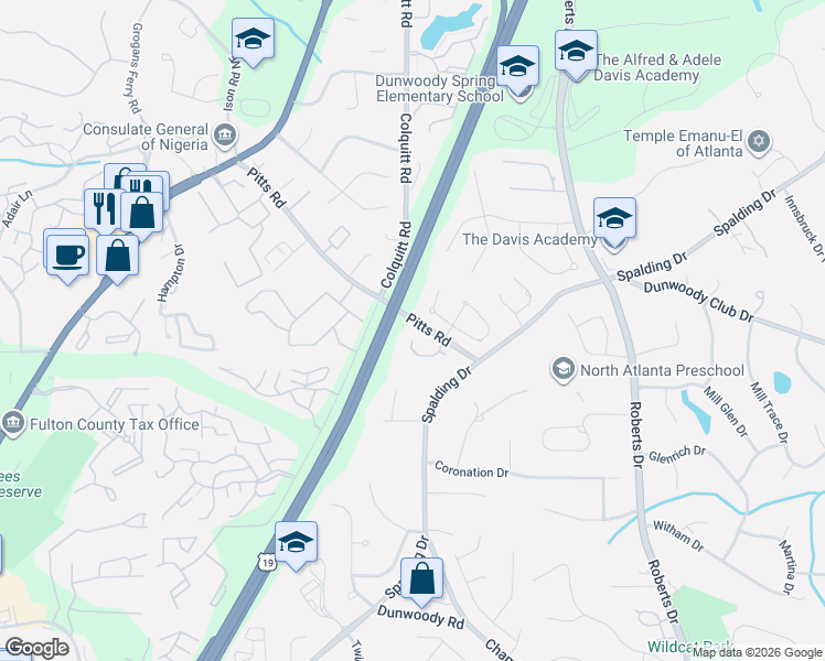 map of restaurants, bars, coffee shops, grocery stores, and more near 7790 Stratford Lane in Sandy Springs