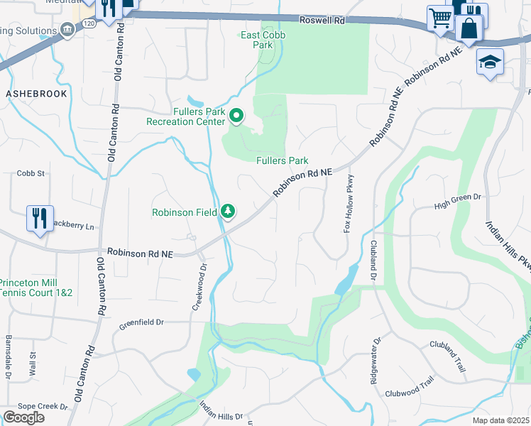 map of restaurants, bars, coffee shops, grocery stores, and more near 3400 Robinson Road in Marietta