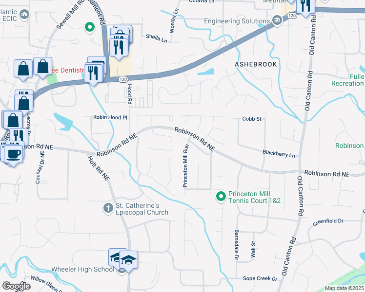 map of restaurants, bars, coffee shops, grocery stores, and more near 745 Princeton Mill Run in Marietta