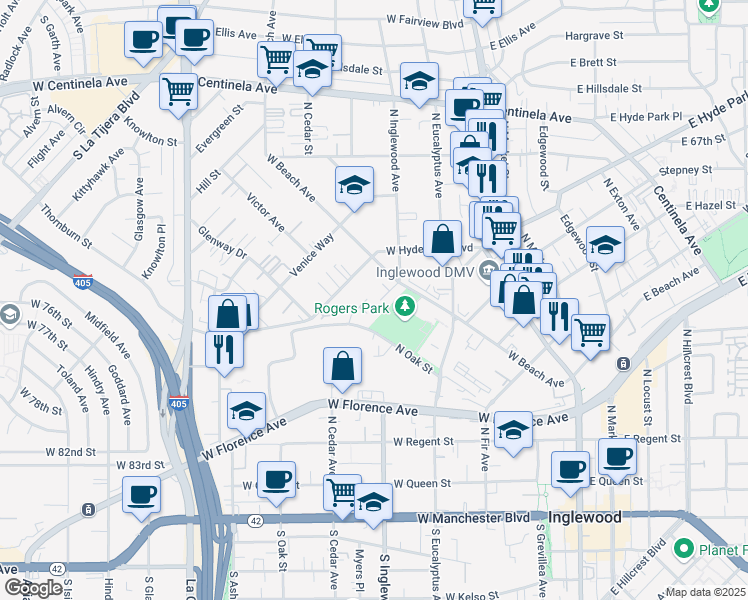 map of restaurants, bars, coffee shops, grocery stores, and more near 13 Pepper Court in Inglewood