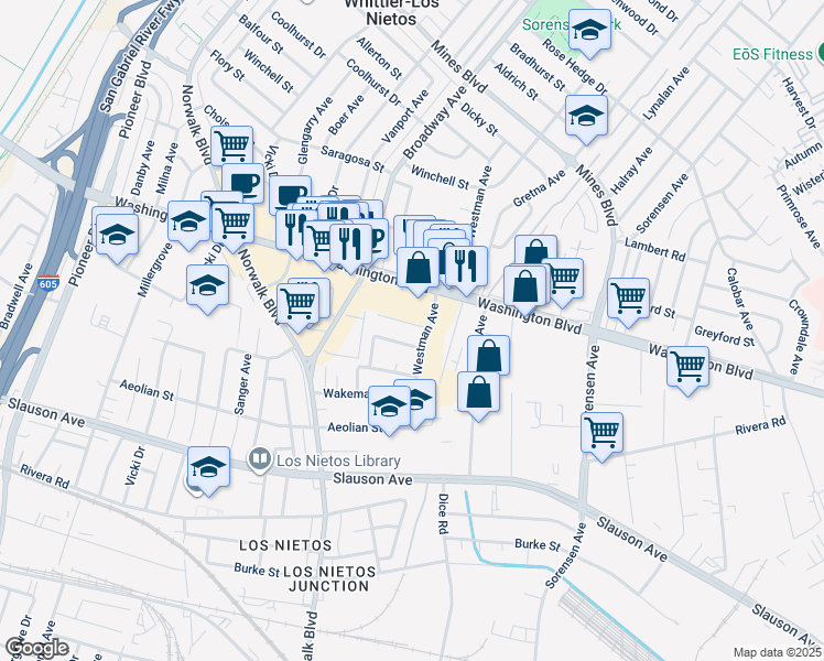 map of restaurants, bars, coffee shops, grocery stores, and more near 11652 Lochinvar Street in Whittier