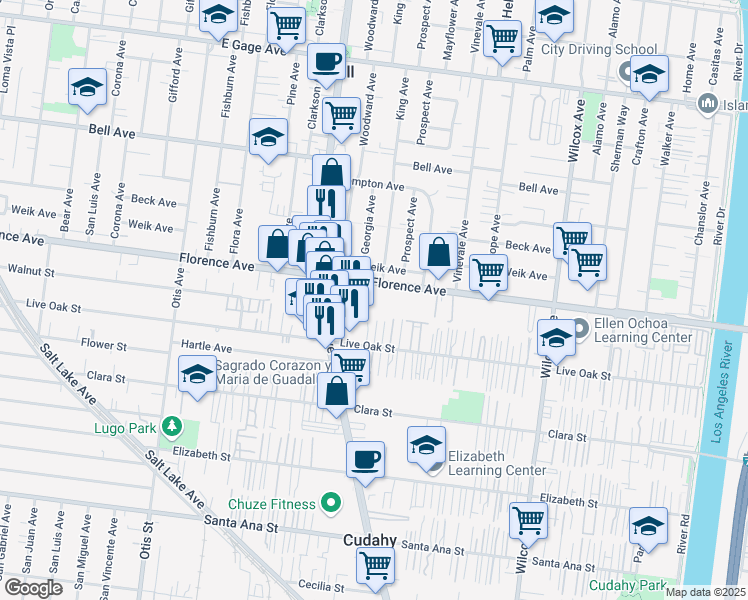 map of restaurants, bars, coffee shops, grocery stores, and more near 4576 Florence Avenue in Bell