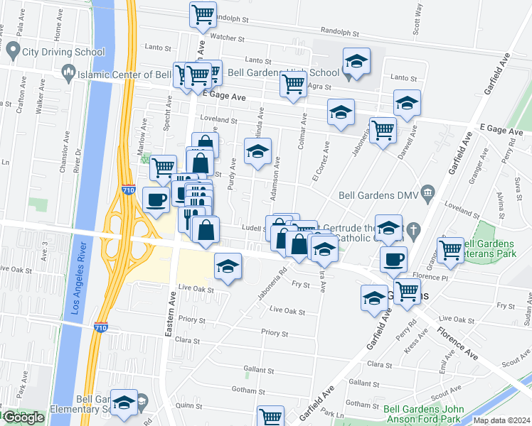 map of restaurants, bars, coffee shops, grocery stores, and more near 6923 1/2 Adamson Avenue in Bell Gardens