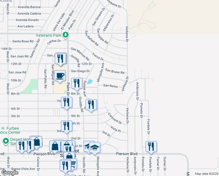 map of restaurants, bars, coffee shops, grocery stores, and more near 66855 San Remo in Desert Hot Springs