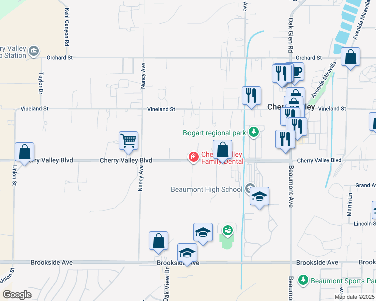 map of restaurants, bars, coffee shops, grocery stores, and more near Cherry Valley Boulevard in Cherry Valley