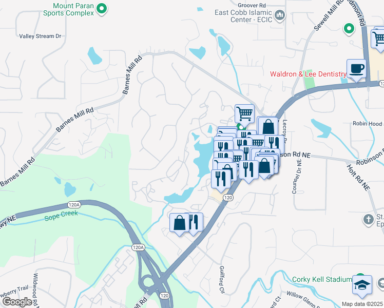 map of restaurants, bars, coffee shops, grocery stores, and more near 675 East Lake Parkway in Marietta